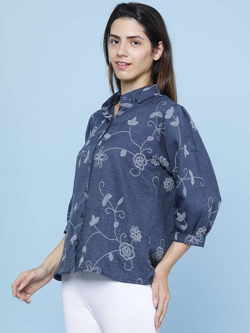 women embroidered three quarter sleeves shirt style top - 22446630 -  Standard Image - 3