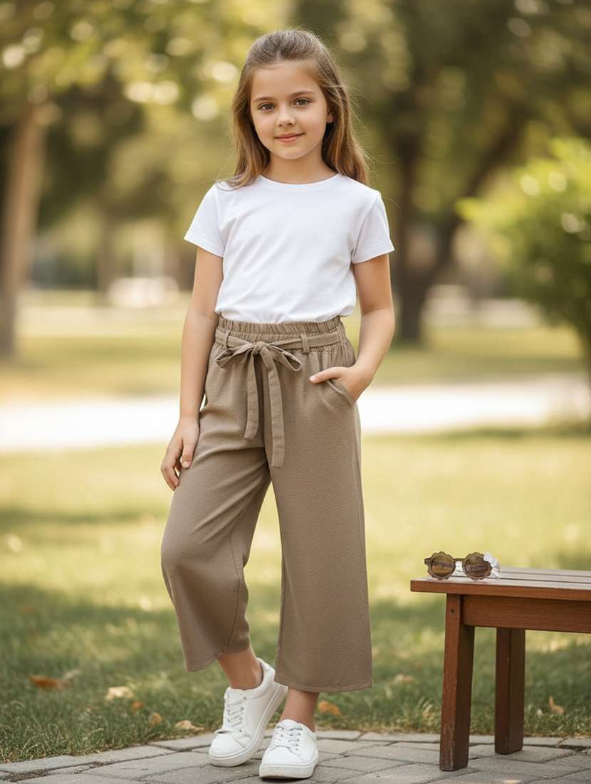 girls solid high rise straight trouser
