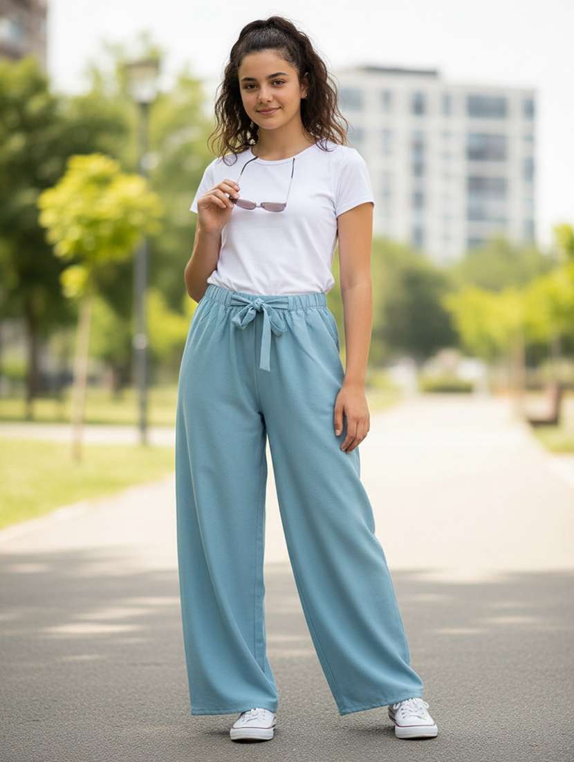 girls solid mid rise relaxed fit casual trouser