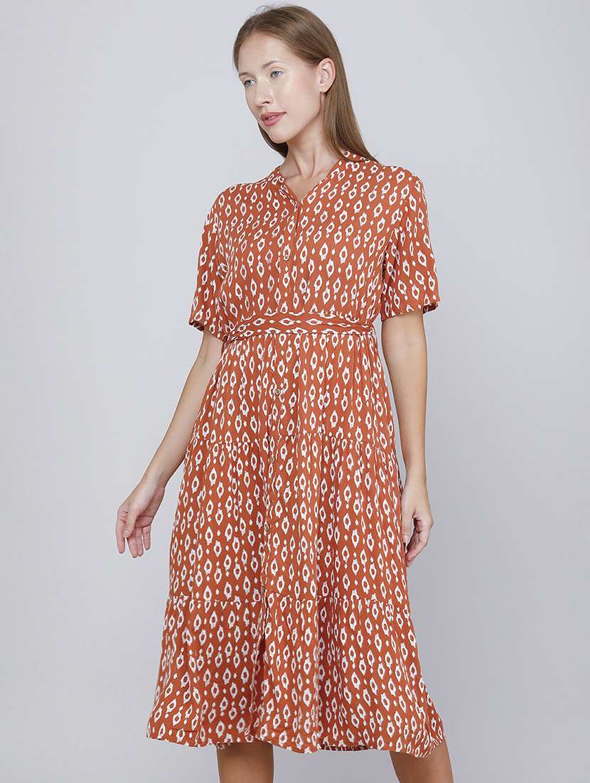 women printed short sleeves tiered dress