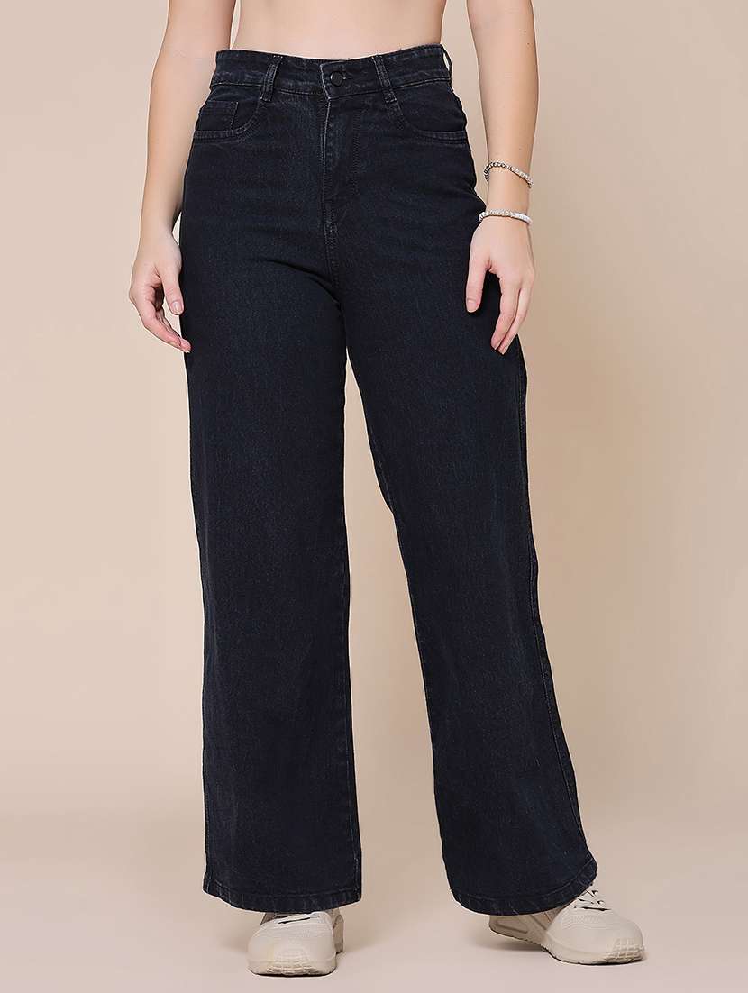 women solid high rise straight jeans