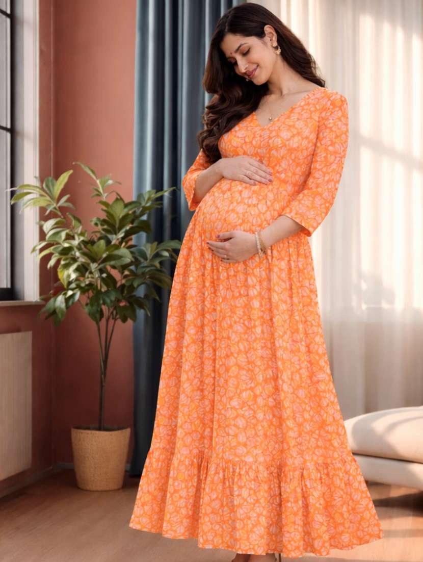 women orange cotton a-line dress