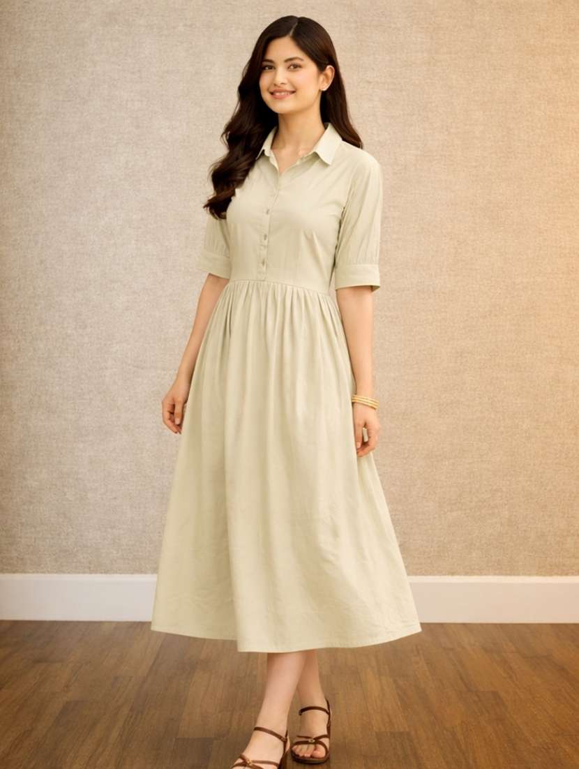 women cotton a-line fit and flare beige dress