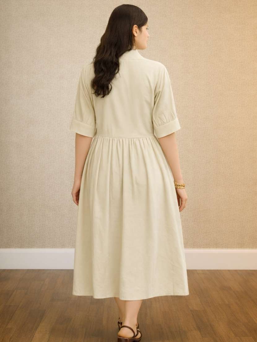 women cotton a-line fit and flare beige dress - 22447568 -  Standard Image - 3