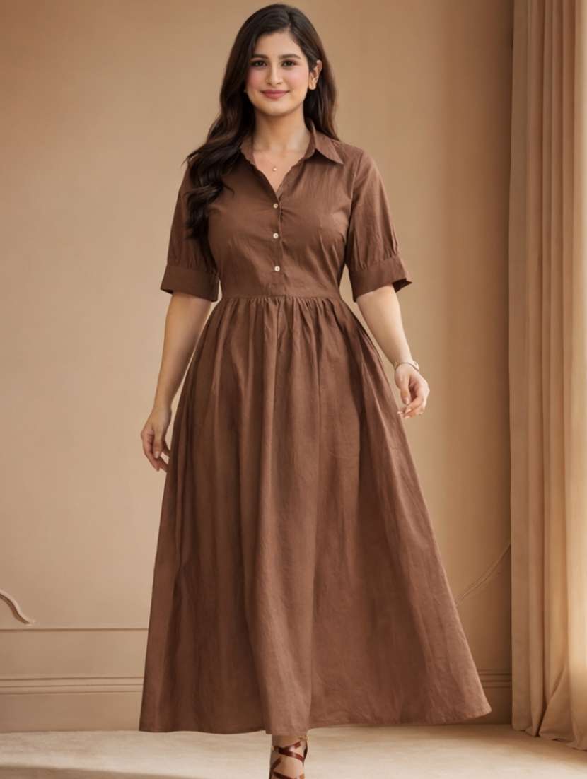 women brown cotton a-line dress