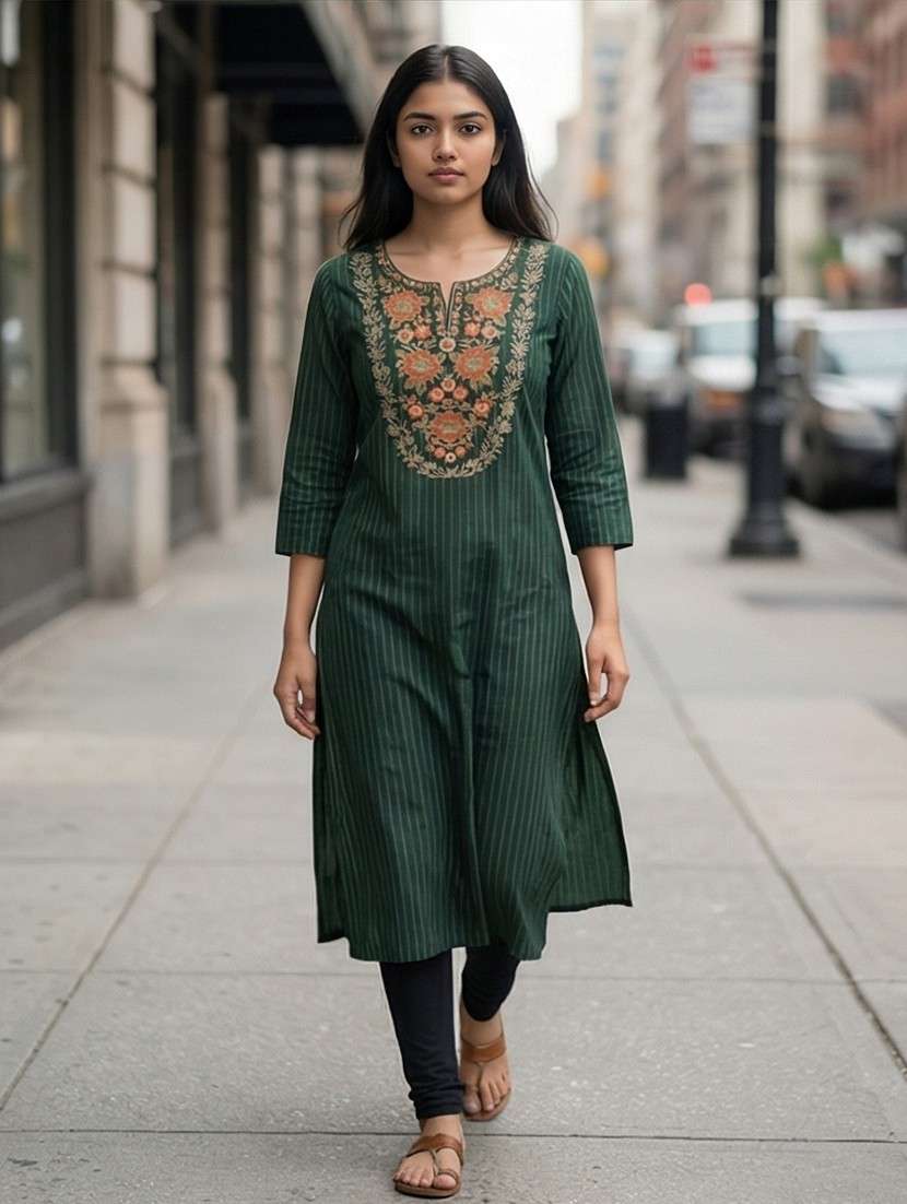 women striped three quarter sleeve straight kurta