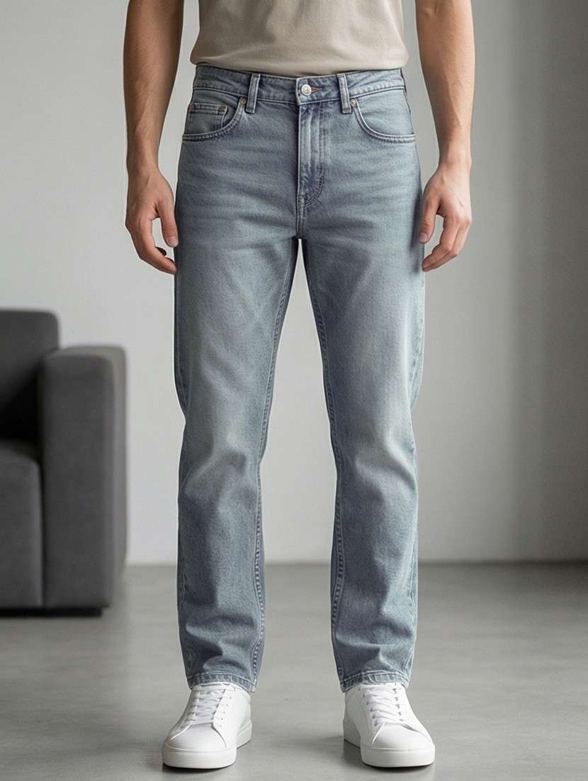men washed high rise full length tapered jeans
