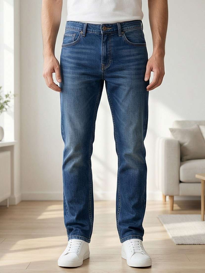 men washed high rise full length tapered jeans