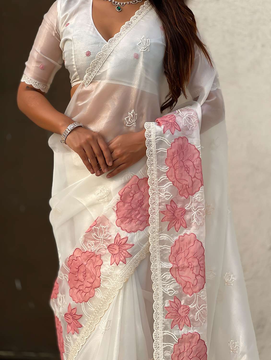 women solid with work embroidered saree with blouse - 22447864 -  Standard Image - 5