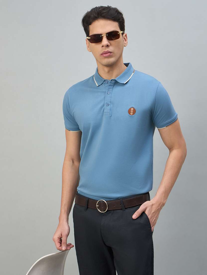 men blue cotton blend plain t-shirt