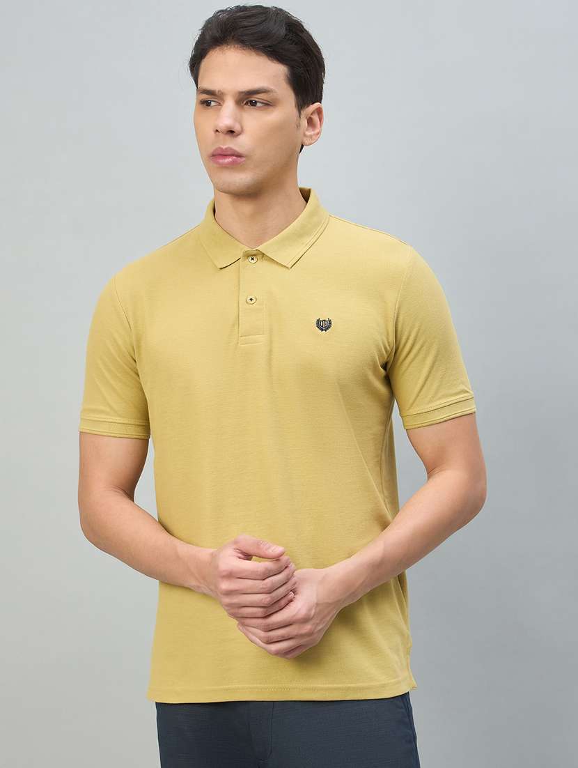men yellow cotton blend plain t-shirt