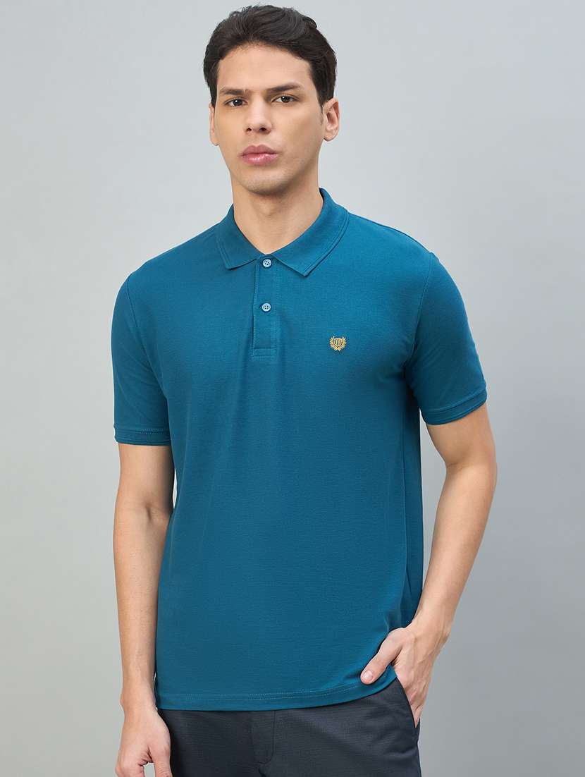 men blue cotton blend plain t-shirt