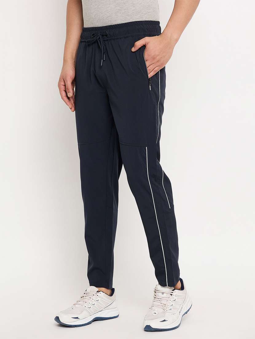 men navy blue nylon full length track pant