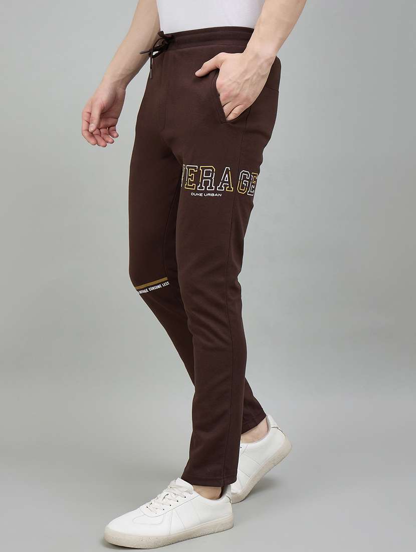 men brown cotton blend  full length track pant