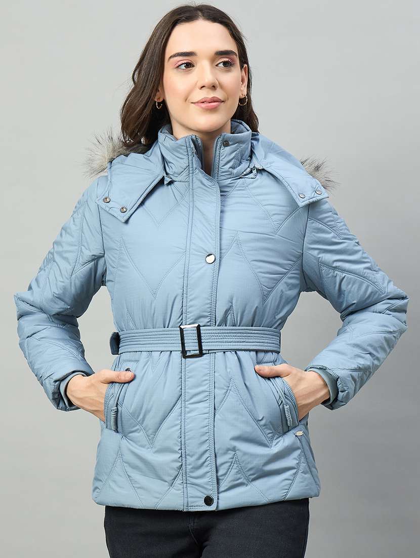 women solid long sleeve hooded puffer jacket