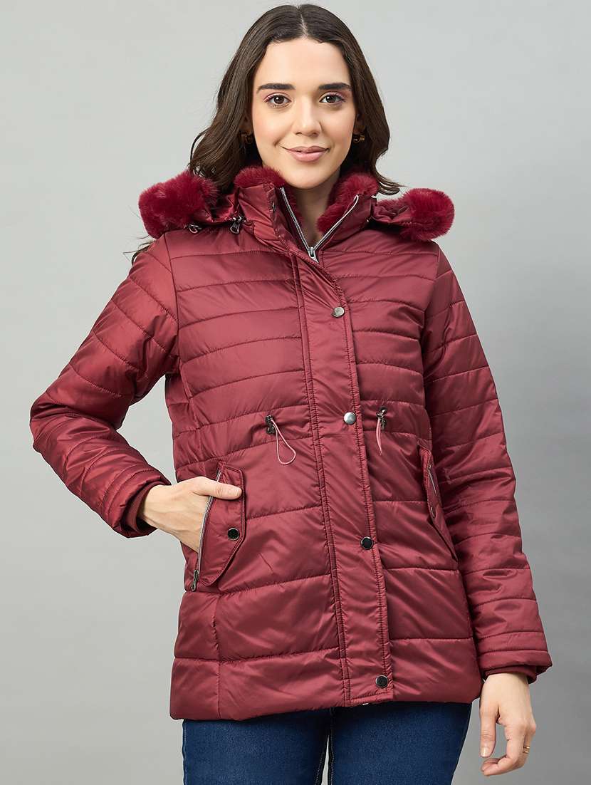 women solid long sleeve hooded puffer jacket