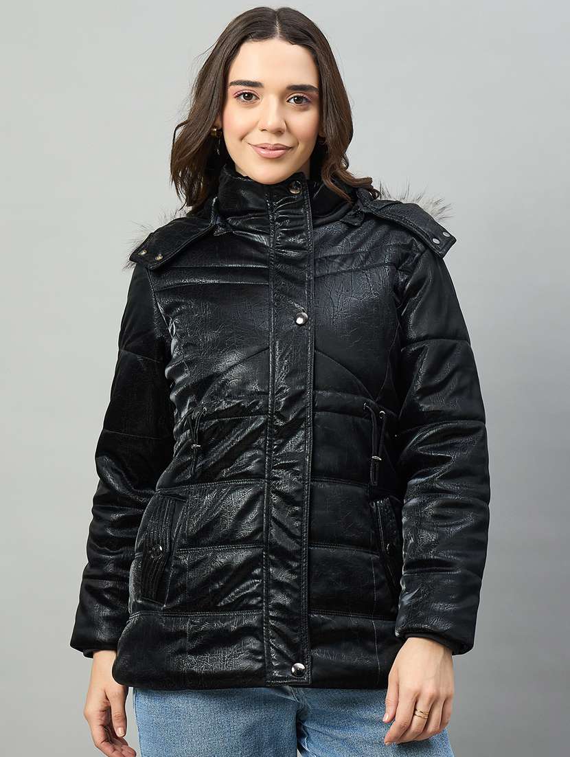 women solid long sleeve hooded puffer jacket