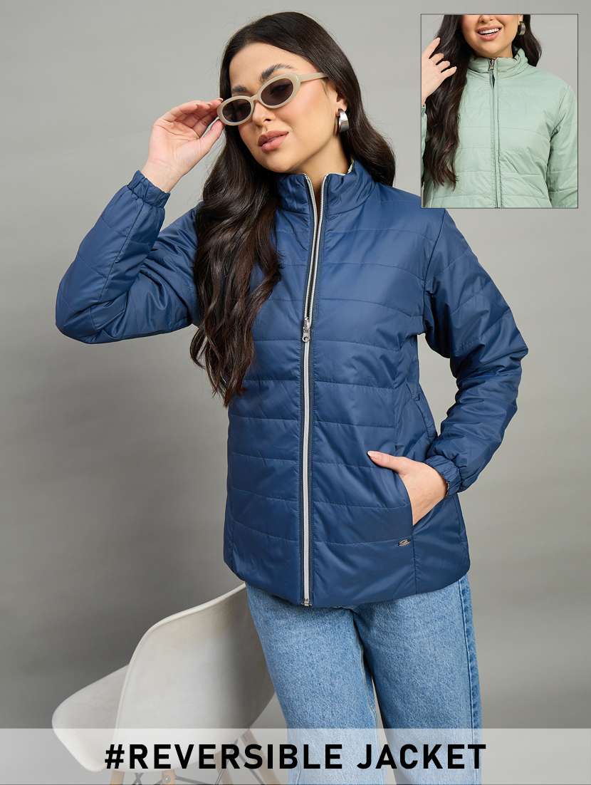 women solid long sleeve reversible puffer jacket