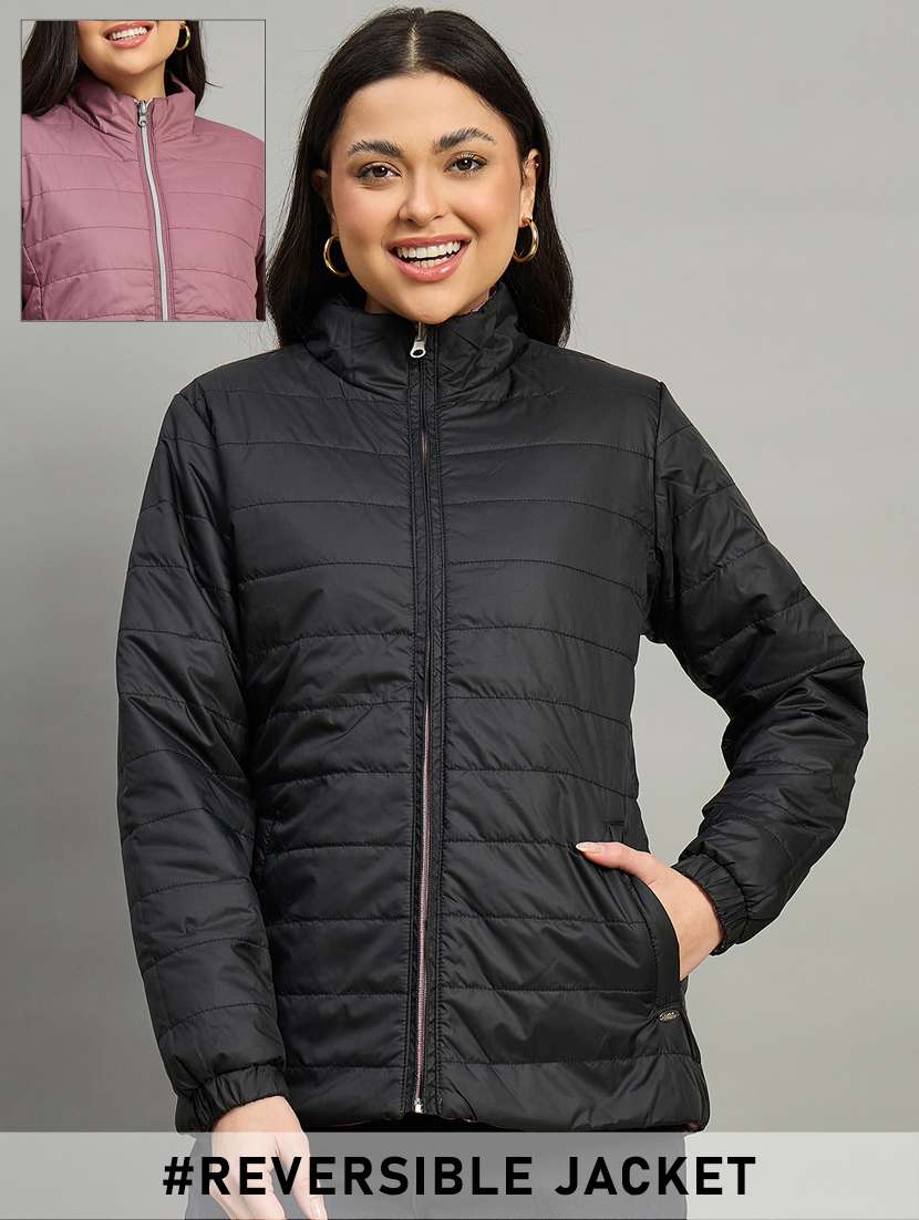women solid long sleeve reversible puffer jacket