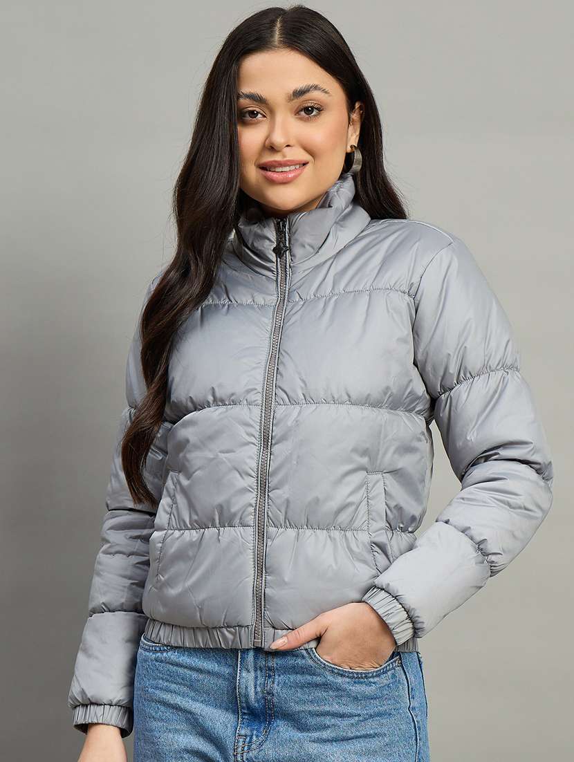 women solid long sleeve quilted jacket