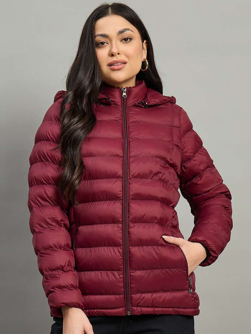women solid long sleeve hooded puffer jacket