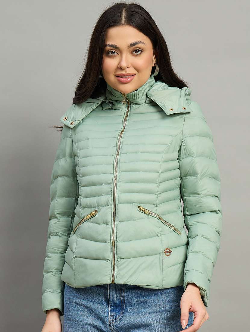 women solid long sleeve hooded puffer jacket