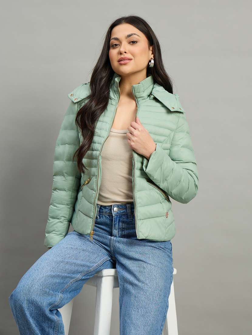 women solid long sleeve hooded puffer jacket - 22448094 -  Standard Image - 3