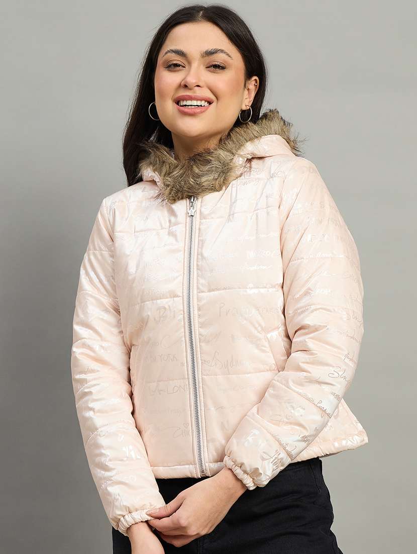 women printed long sleeve hooded puffer jacket