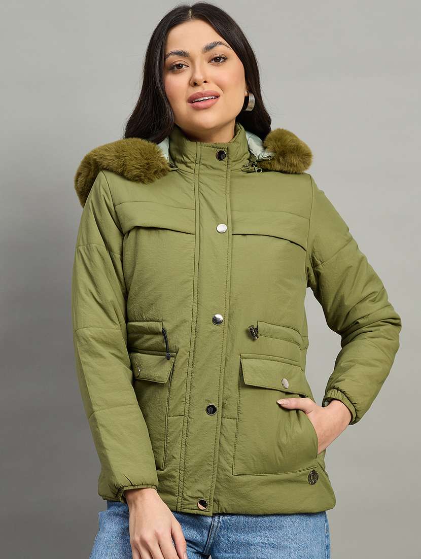women solid long sleeve parka jacket