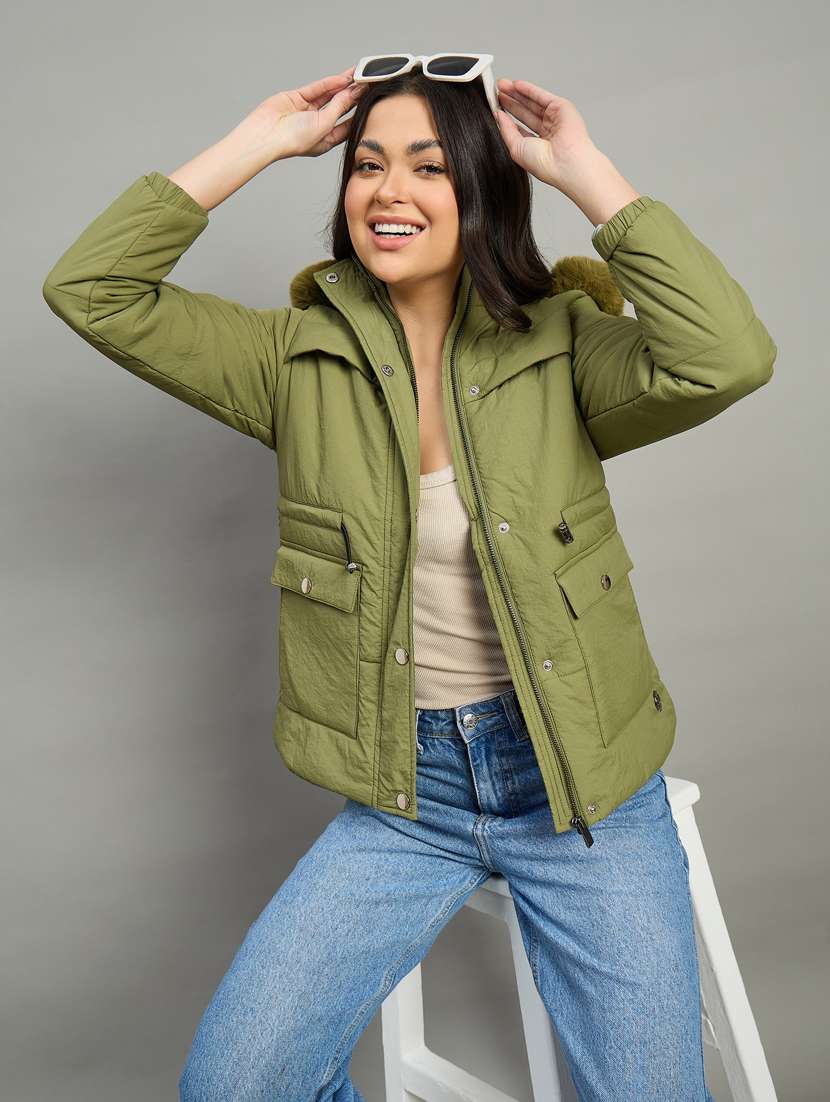 women solid long sleeve parka jacket - 22448101 -  Standard Image - 3