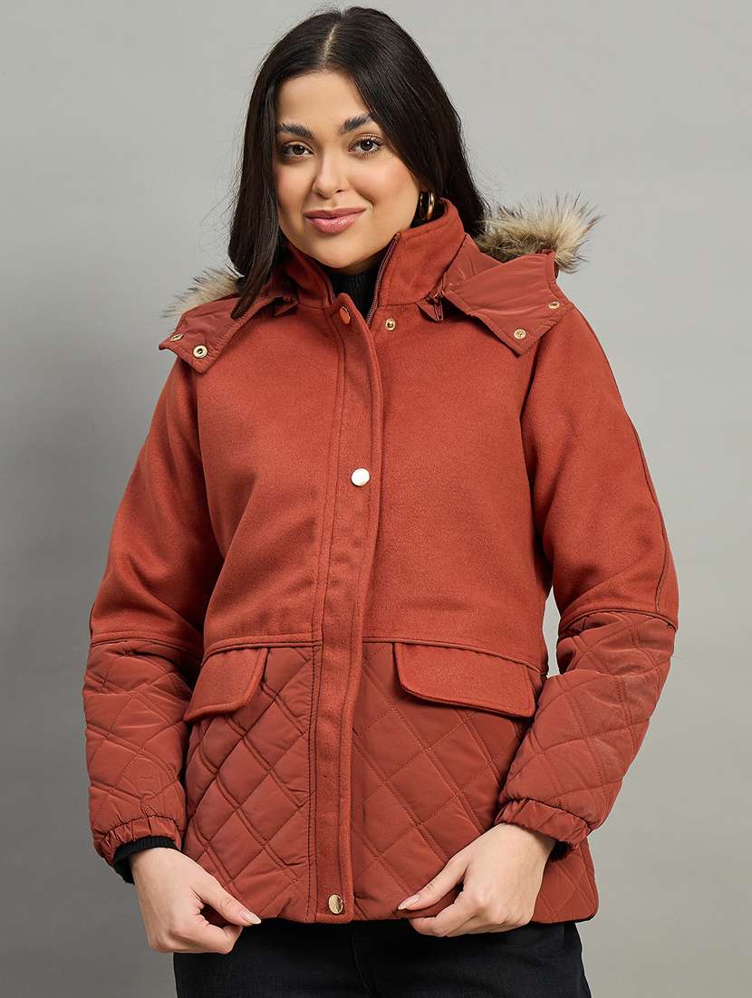 women solid long sleeve parka jacket