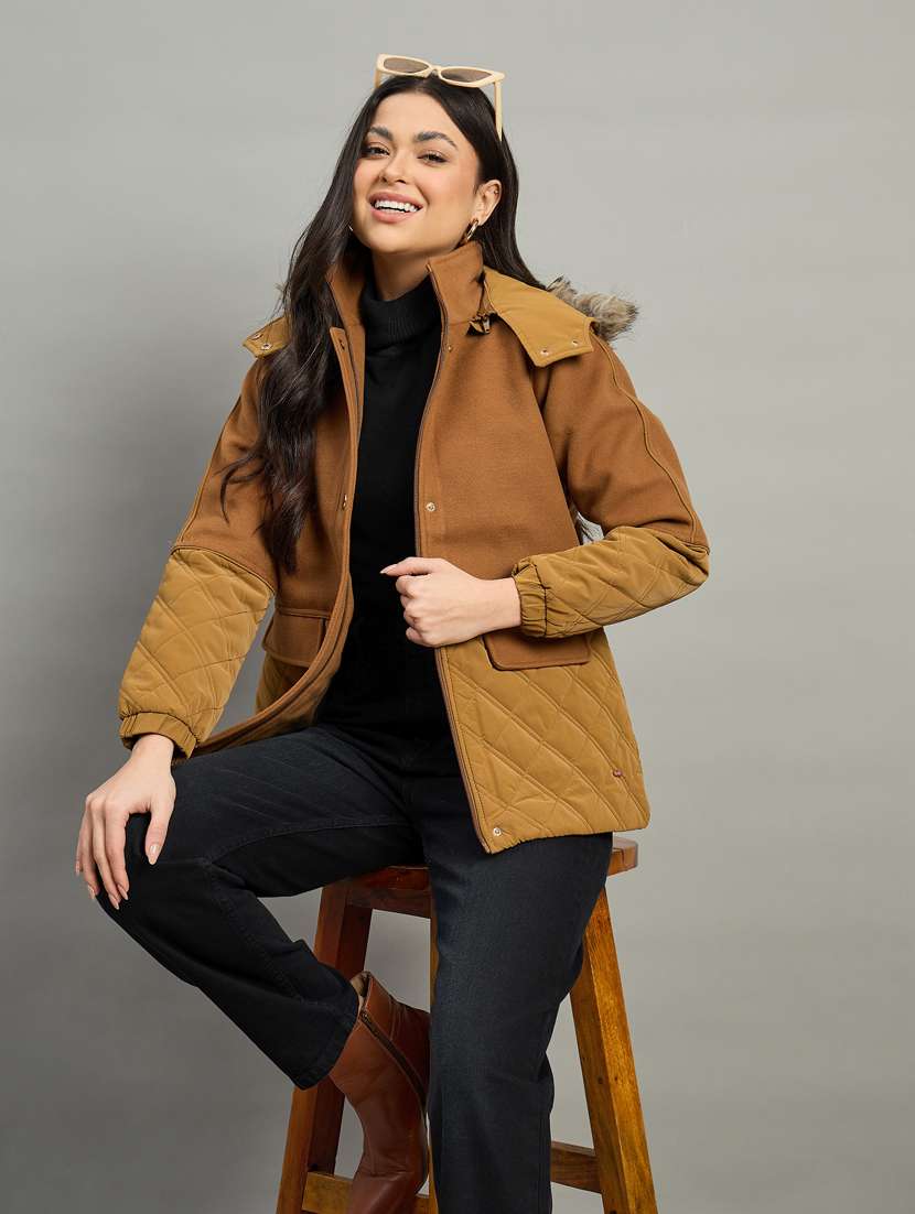 women solid long sleeve parka jacket - 22448106 -  Standard Image - 3