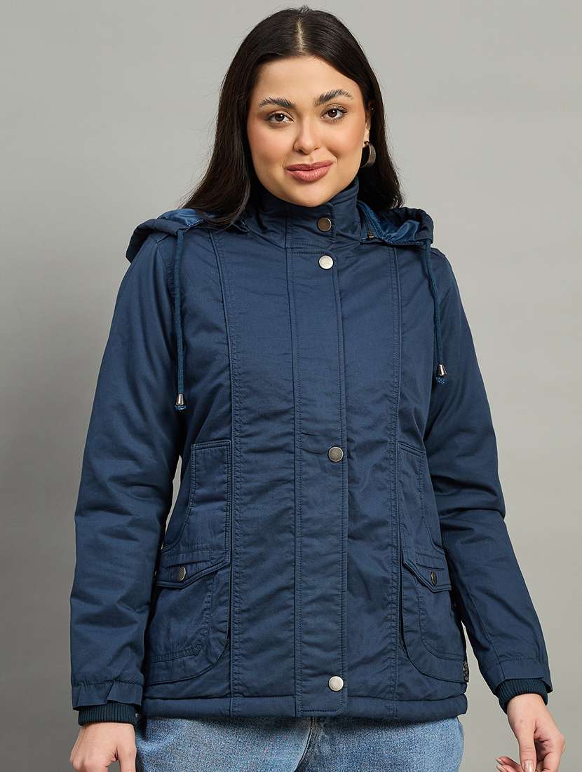 women solid long sleeve parka jacket