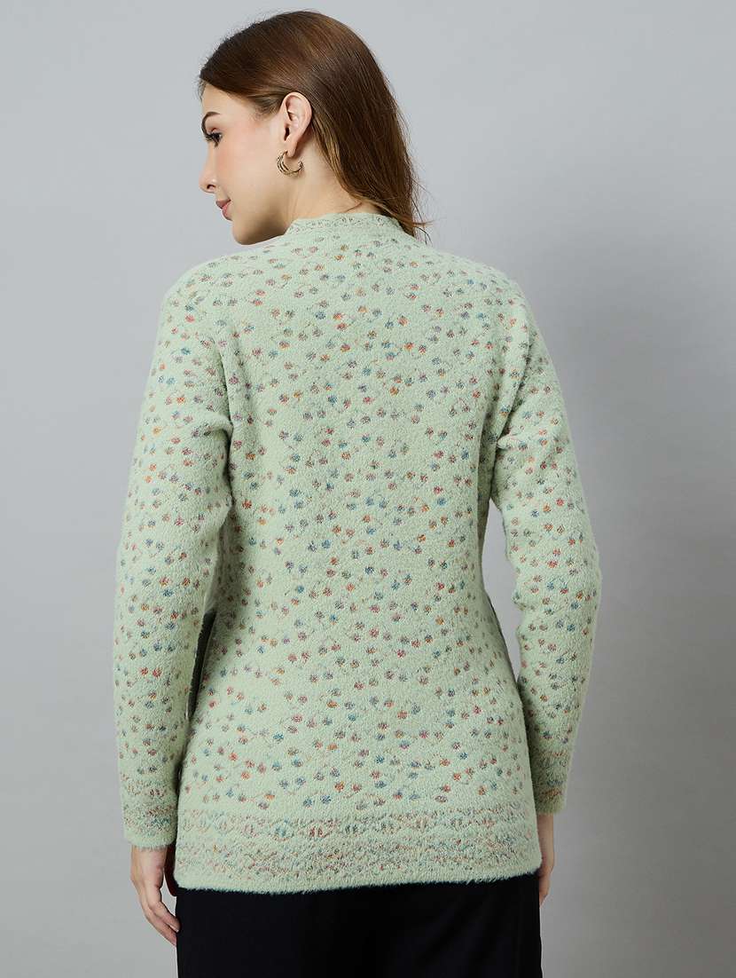 women sea green acrylic plain cardigan - 22448124 -  Standard Image - 3