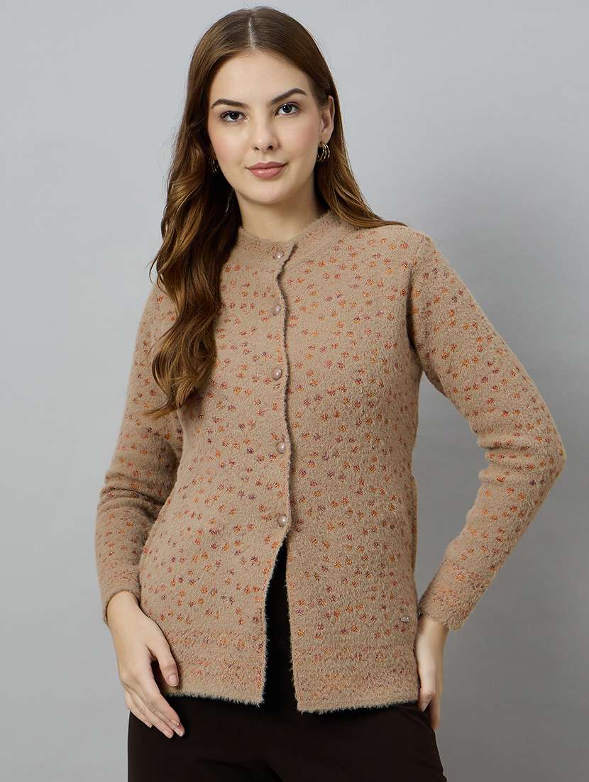 women brown acrylic plain cardigan