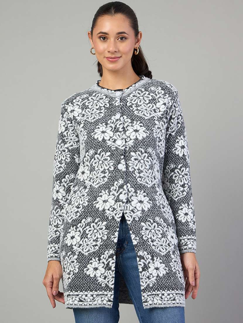 women grey acrylic plain cardigan