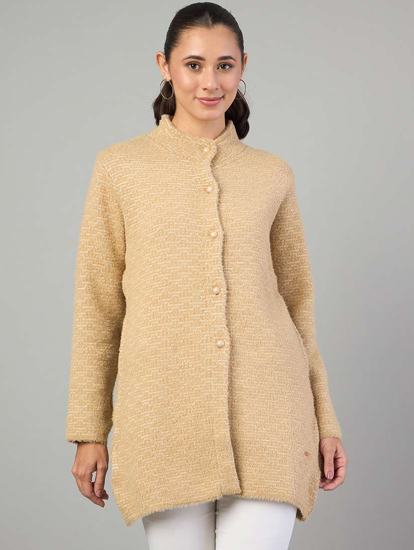 women brown acrylic plain cardigan
