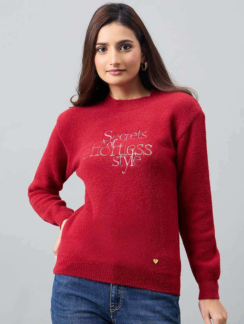 women self design red acrylic plain sweatshirt