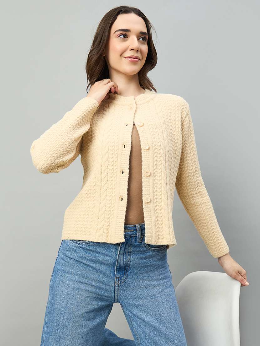 women beige acrylic plain cardigan