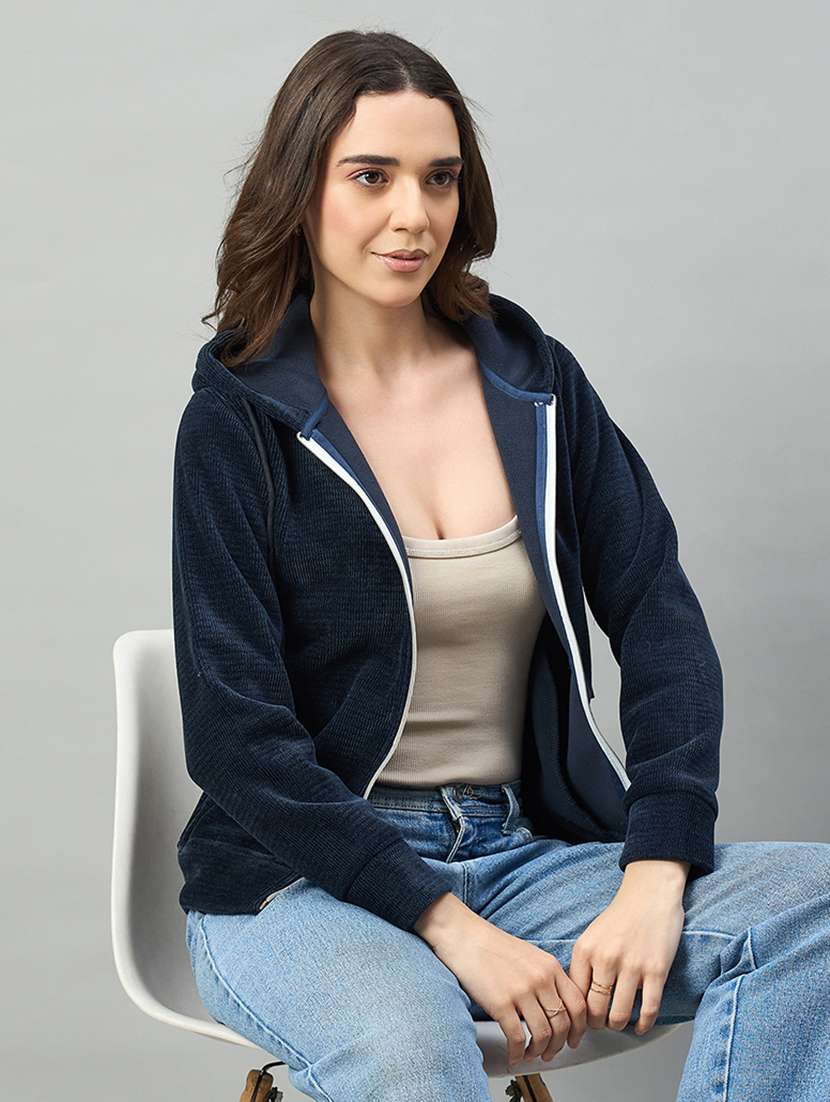 women blue cotton blend plain sweatshirt