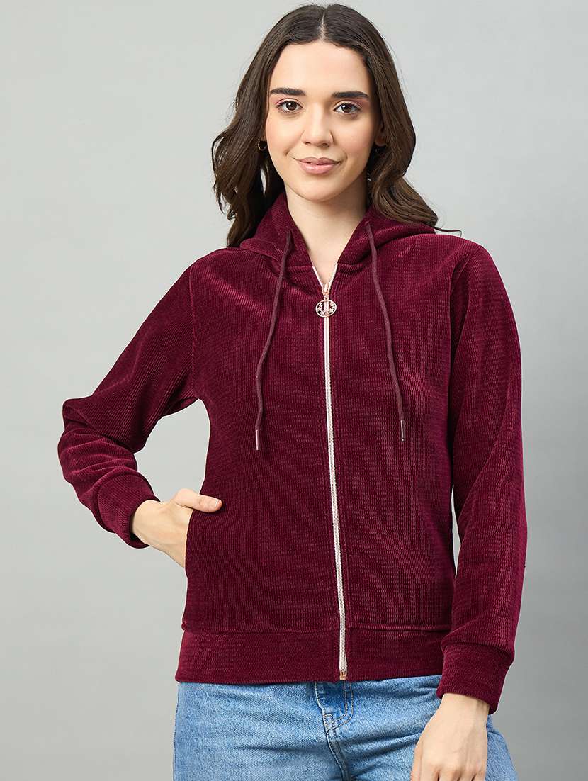 women maroon cotton blend plain sweatshirt
