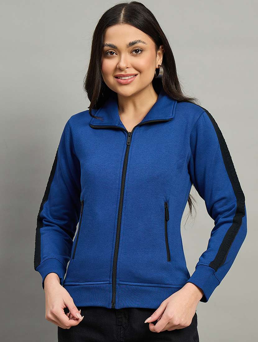 women blue cotton blend plain sweatshirt