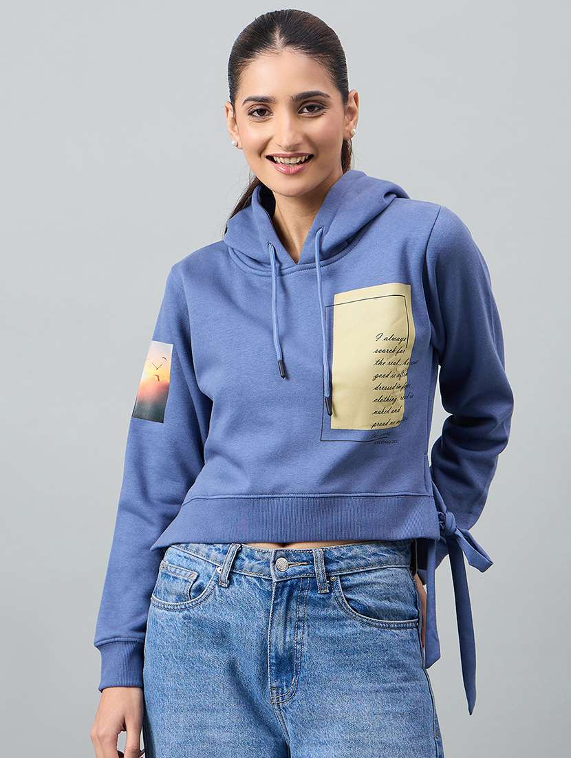 women blue cotton blend plain sweatshirt