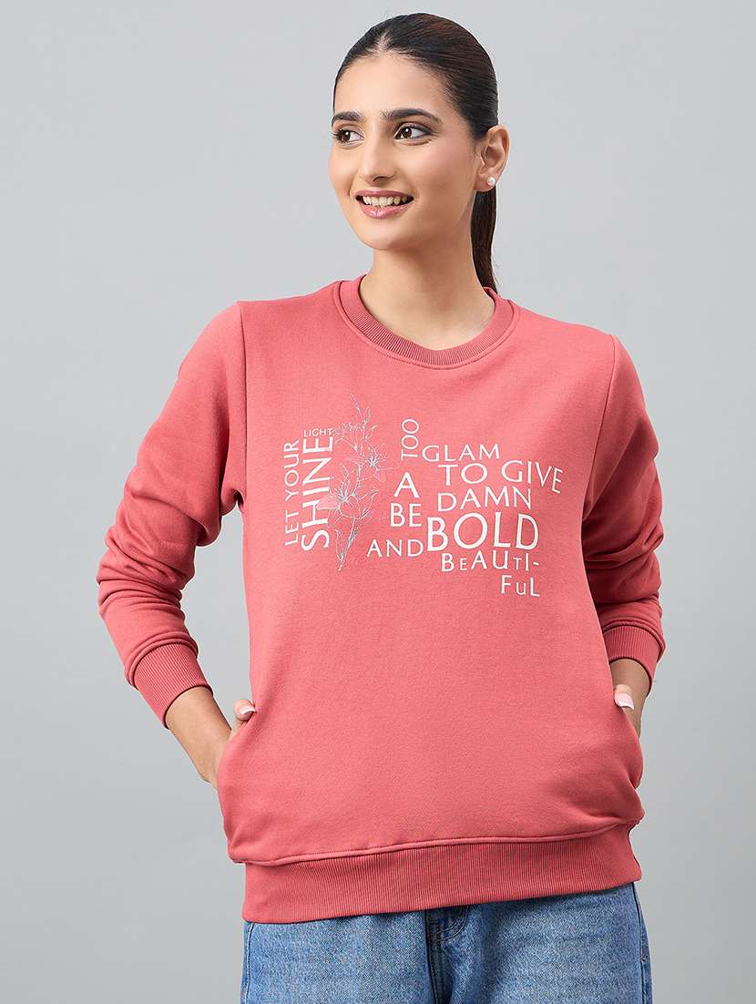 women pink cotton blend plain sweatshirt