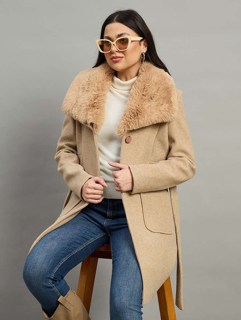 women brown polyester regular coat