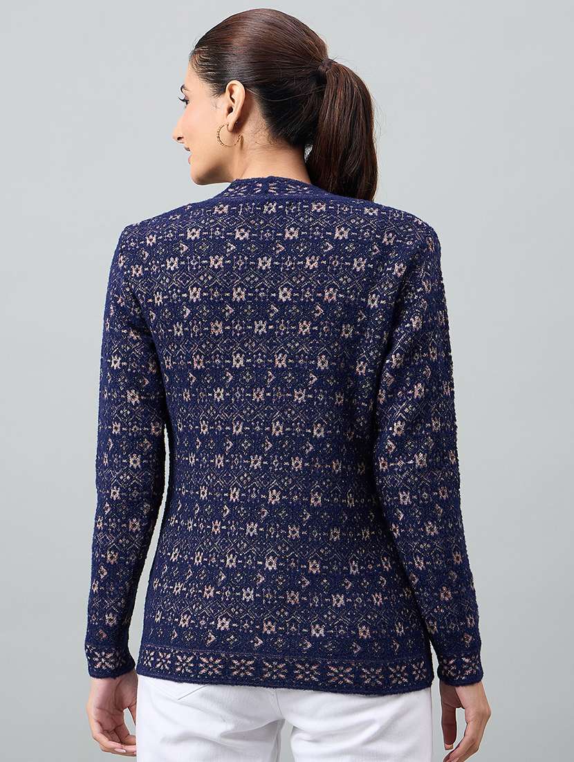 women blue acrylic plain cardigan - 22448319 -  Standard Image - 3