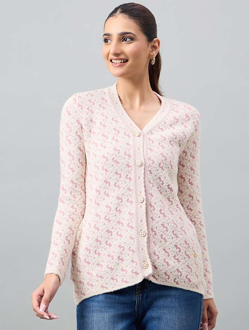 women pink acrylic plain cardigan