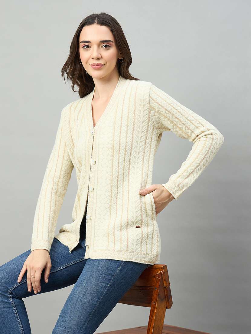 women off white acrylic plain cardigan