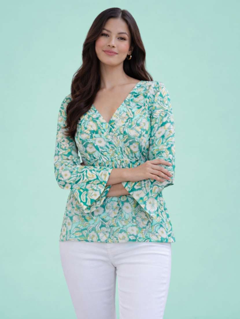 women floral green cotton a line top