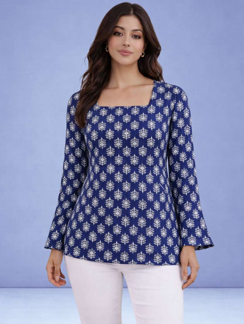 women blue cotton a-line kurta